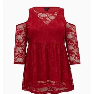 Dark Red Lace Cold Shoulder Babydoll